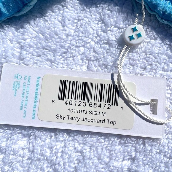 Frankie's Bikinis String Bikini Top Sky Terry Jacquard Med. NWT - Picture 7 of 7